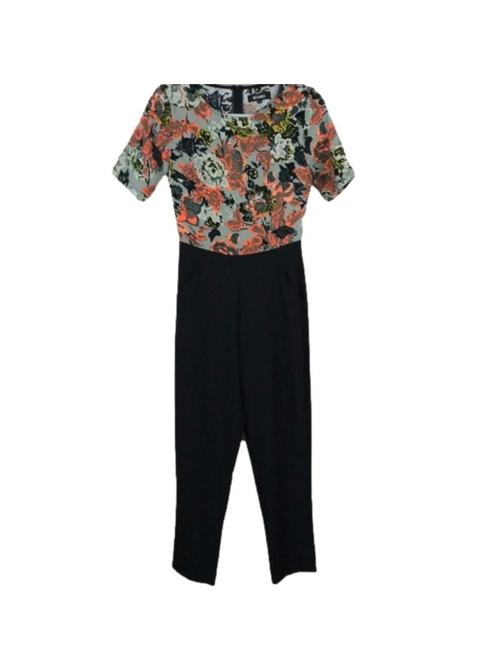 MISSGUIDED Black Multicolor Floral Round Neckline Short Sleeve Jumpsuit Pant
